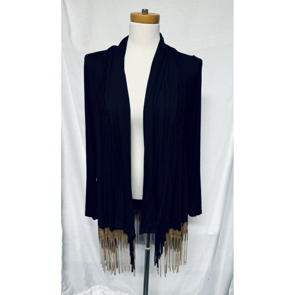 T-Party Womens Fringe Open Front Cardigan S Black Brown Boho Festival Western